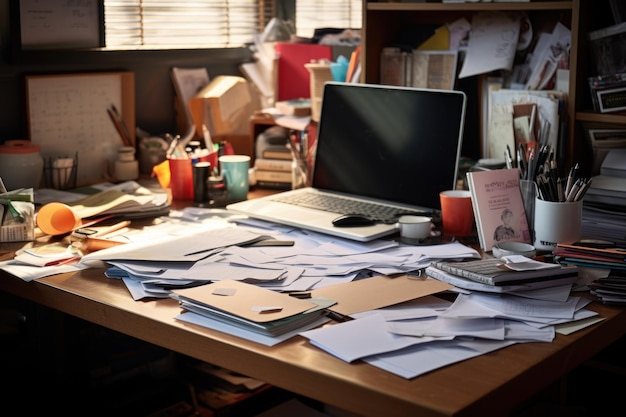 Photo of Messy work desk Messy and cluttered desk