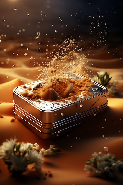 Photo of metal tin box cosmetic surrounded by swirling sand particles cosmetic packaging concept