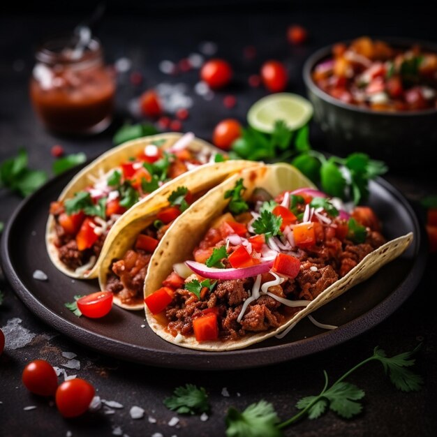 photo mexican tacos with beef in tomato sauce and salsa