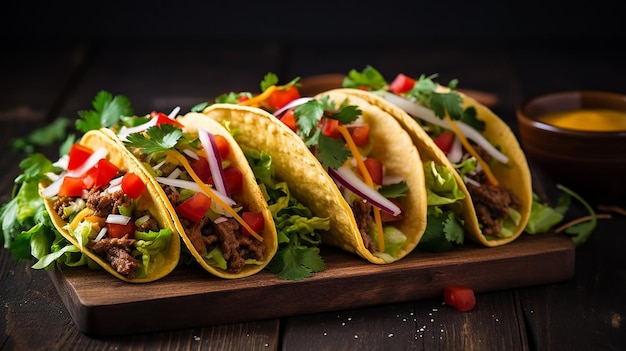 Photo Mexican tacos with vegetables meat and red onion tomato sauce and salsa