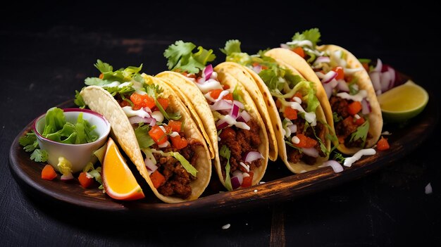 Photo Mexican tacos with vegetables meat and red onion tomato sauce and salsa