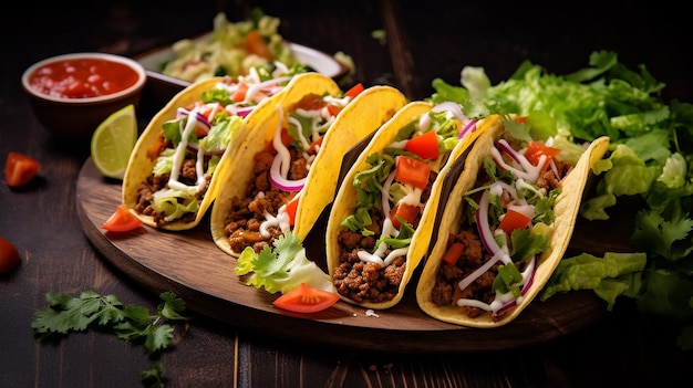 Photo Mexican tacos with vegetables meat and red onion tomato sauce and salsa