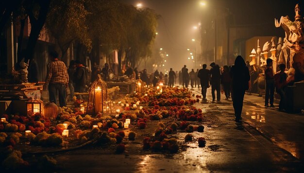 A photo of mexico cutz at dias de los muertos at night