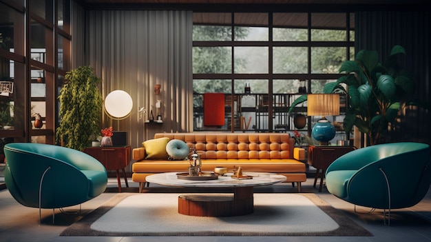 A Photo of a Mid Century Modern Lounge Area with Iconic Furniture Pieces