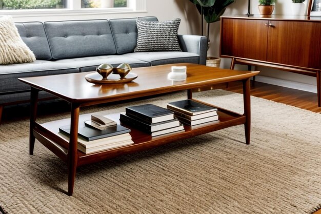 Photo of a midcentury coffee table with books and decor