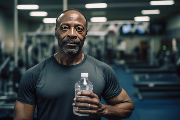 Photo of a middle aged African American man in the gym with a bottle of water in his hands