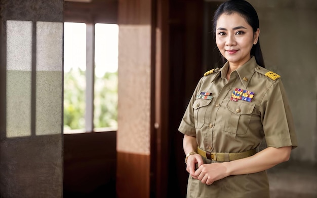 Photo of middle aged asian woman in Thai teacher uniform generative AI