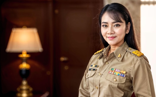 Photo of middle aged asian woman in Thai teacher uniform generative AI