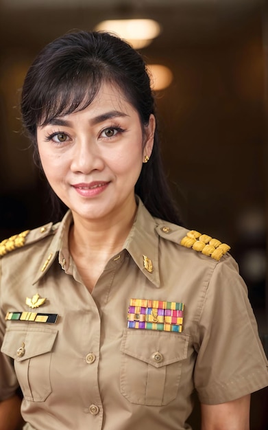 Photo of middle aged asian woman in Thai teacher uniform generative AI