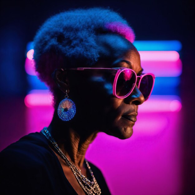 photo of middle aged old African woman with with mixed pink and blue neon light generative AI