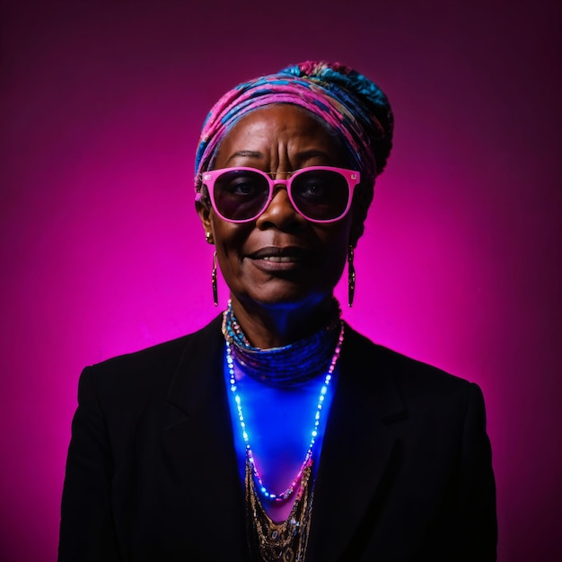 중년 노인 아프리카 여성의 사진, 분홍색과 파란색 네온 빛이 혼합된 인공지능