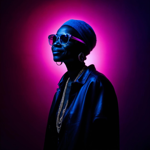 photo of middle aged old African woman with with mixed pink and blue neon light generative AI