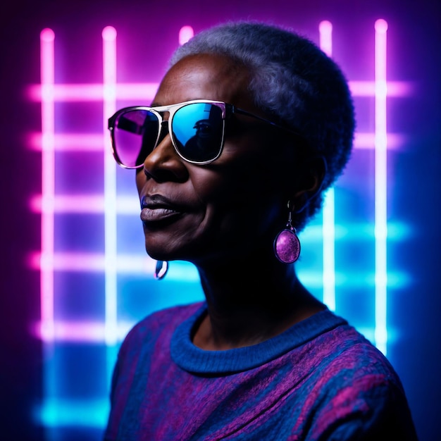 Photo of middle aged old african woman with with mixed pink and blue neon light generative ai