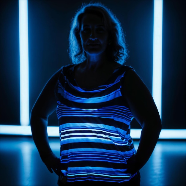 photo of middle aged old woman with blue light on black background generative AI