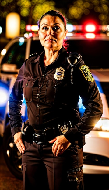 Фото полицейского среднего возраста, стоящего перед полицейской машиной ночью с задним освещением.