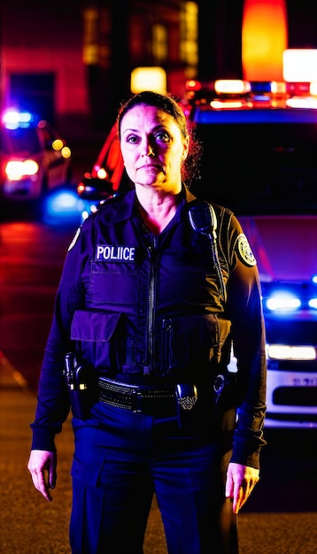 photo of middle aged police officer law enforcement standing in front of police car at night with back light generative AI