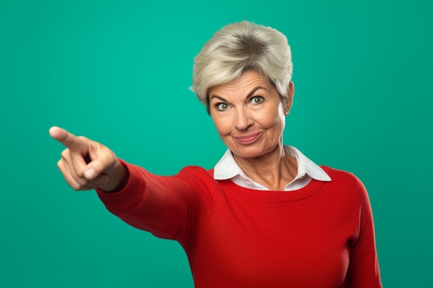 A photo of a middle aged woman pointing at empty space on a teal background