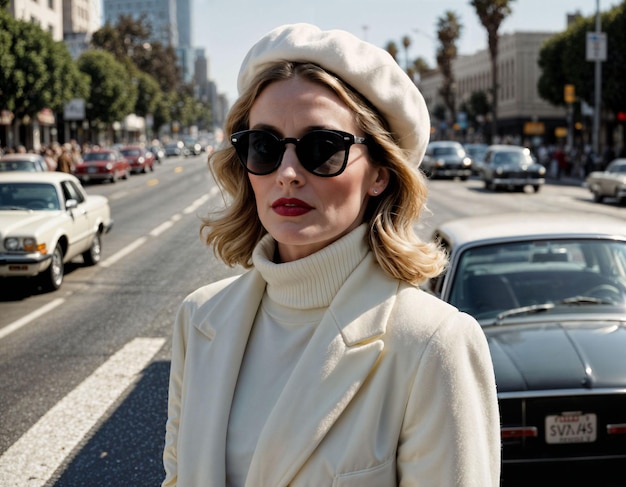 photo of middle aged woman with white turtleneck and coat and beret standing in front of busy crowd crosswalk street generative AI