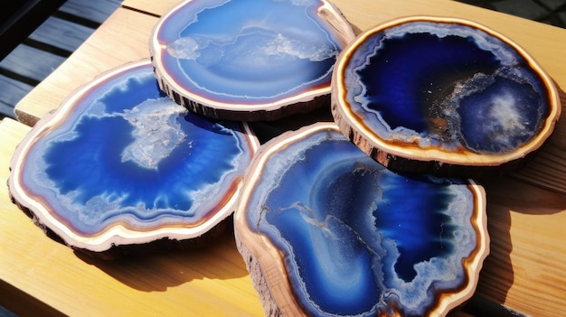 A photo of a midnight blue agate coasters rustic wooden table