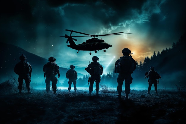 Photo military silhouettes at night