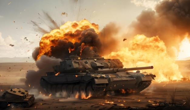 photo military tank with warfare explosion battleground ai generated