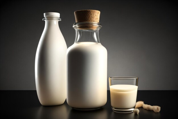 Foto foto di una bottiglia di latte con un bicchiere di latte su un tavolo durante la giornata mondiale del latte con ai generativo