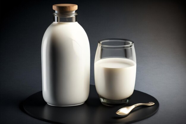 Photo a milk bottle with a glass of milk on a table on the world milk day with generative ai