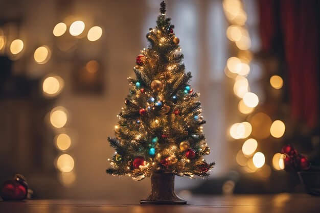 Photo of Mini Christmas Tree With Ornaments on It in Living Room for Christmas Background Banner or Poster