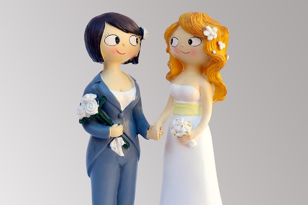Фото миниатюрных девушек, свадебных женихов и невест, на сером фоне, концепция дня святого валентина лесбиянок.
