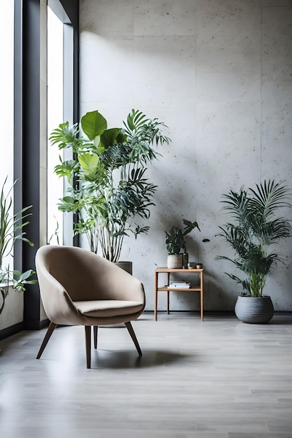 photo minimal background contemporary interior with chair and plant