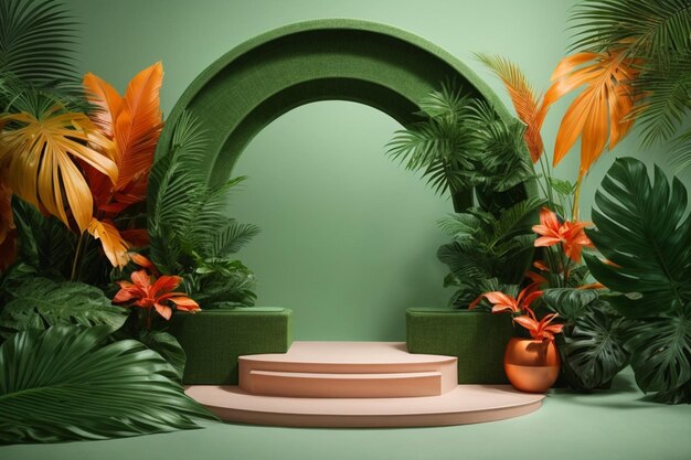 photo minimal podium mockup display for product presentation with tropical palm leaves 3d rendering