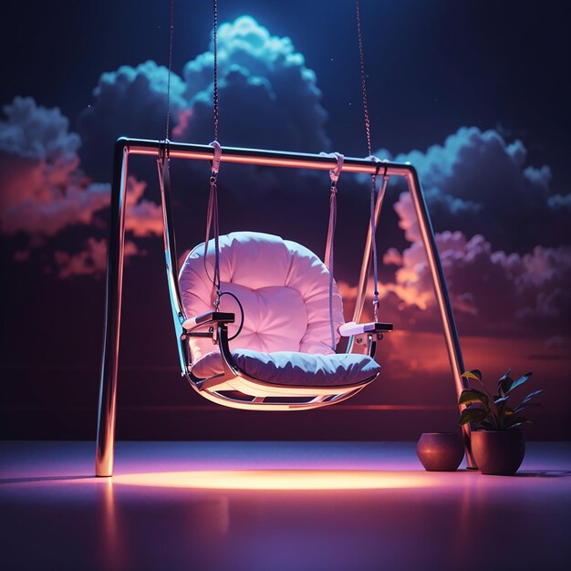 Photo photo minimal scene of floating swing chair neon light the white cloud