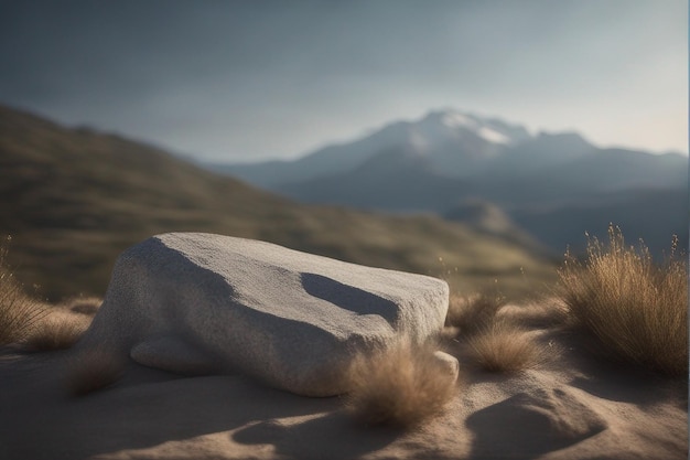 Photo minimal scene with rock podium for product display and background blur mountain