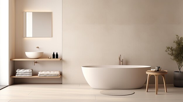 A photo of a minimalist bathroom with clean lines soft ambient lighting