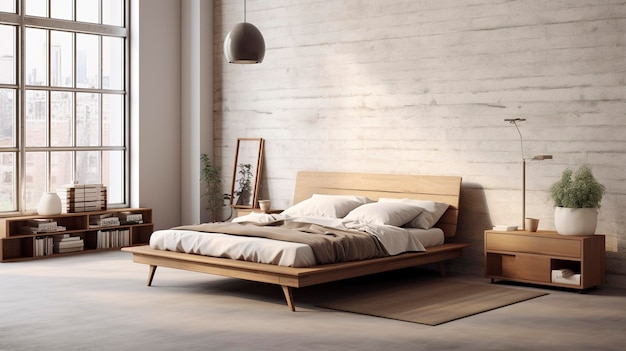 A Photo of a Minimalist Bedroom with a Platform Bed and Scandinavian Design