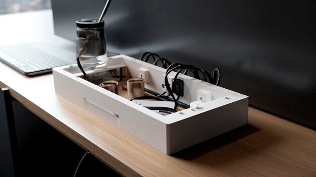 A Photo of a Minimalist Desk Cable Management Box for Hiding Wires