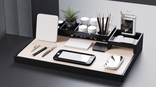 A photo of a minimalist desk organizer with essential office accessories