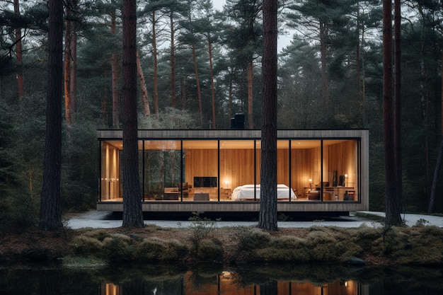 Photo of a minimalist house facing the middle of the forest