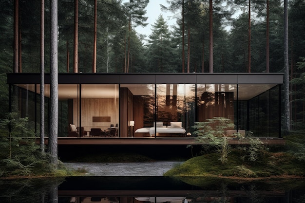 Photo of a minimalist house facing the middle of the forest