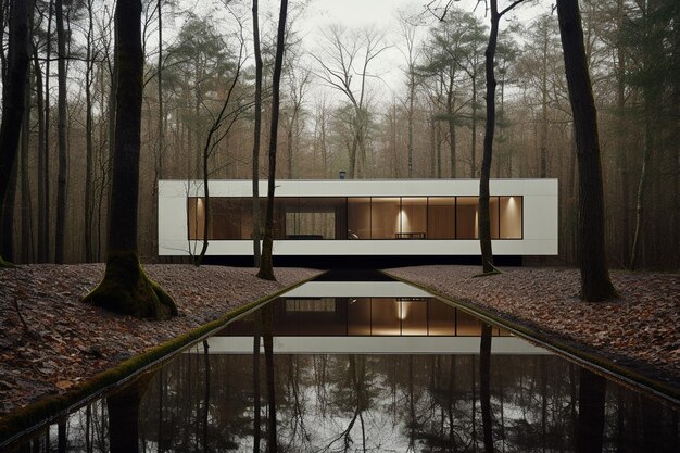 Photo photo of a minimalist house facing the middle of the forest