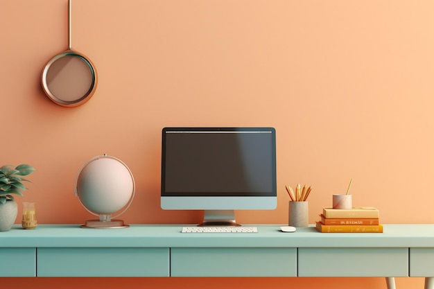 Photo minimalist realistyc Mac Computer in front of pastel wall