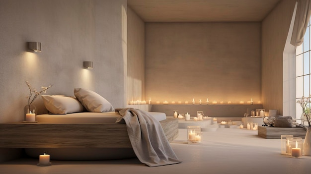 A photo of a minimalist spa room with candles