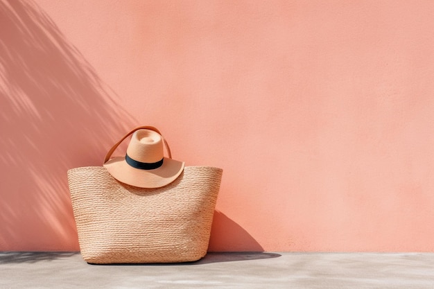 Photo minimalist Straw beach bag in front of light pastel wall