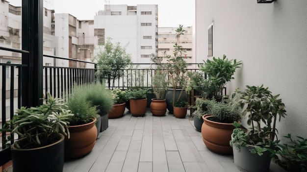 A Photo of Minimalist Terrace Garden with Potted Plants