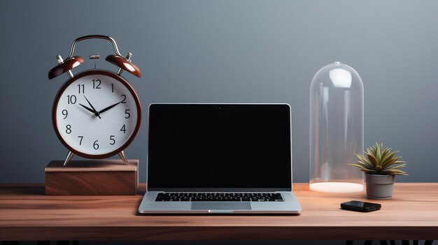 A photo of a minimalistic computer setup with a laptop monitor and a single desk clock