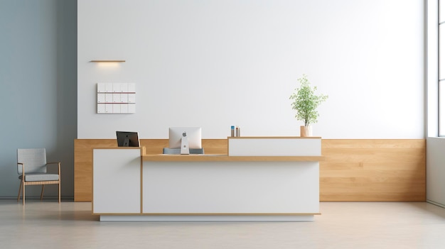 A Photo of a minimalistic hospital reception desk with a focus on a user friendly digital patient