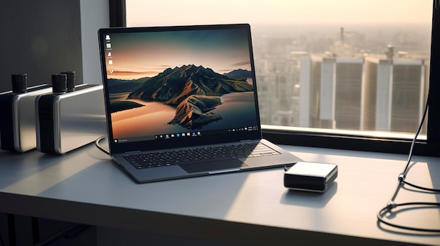 A Photo of a minimalistic office setup with a laptop and portable USB C hub