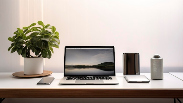 A Photo of a minimalistic office setup with a laptop and wireless mouse