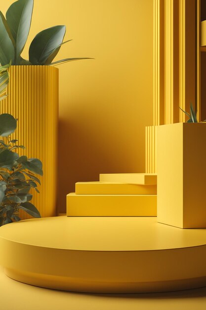 제품에 대한 노란색 3d 렌더링 스탠드 배경의 3d 연단이 있는 사진 미니멀리즘 장면