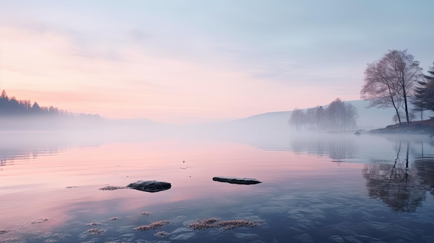 Фотография покрытого туманом озера на рассвете в мягких пастельных тонах.